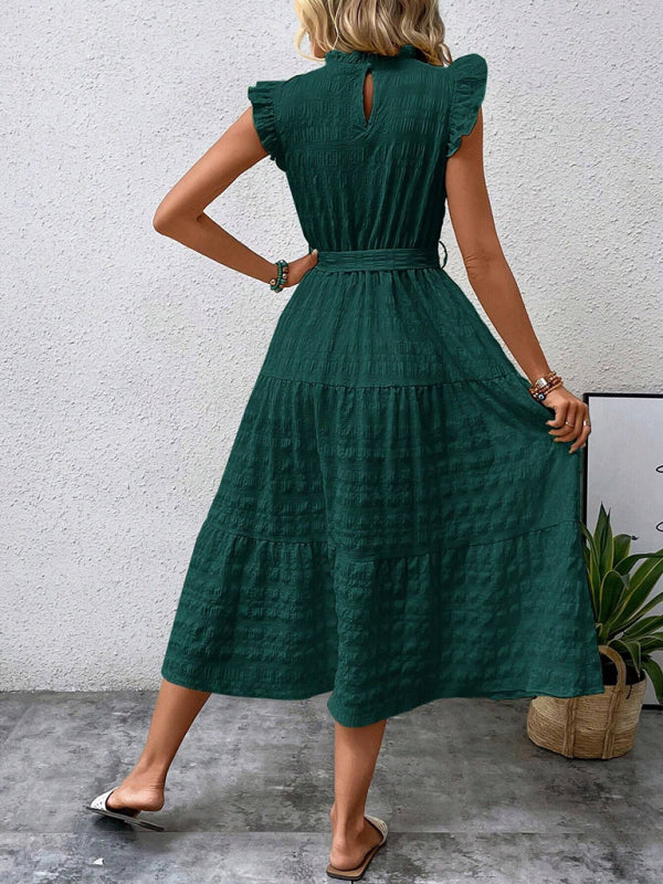 New Ruffles Flying-Sleeve Lace-Up Textured Dress