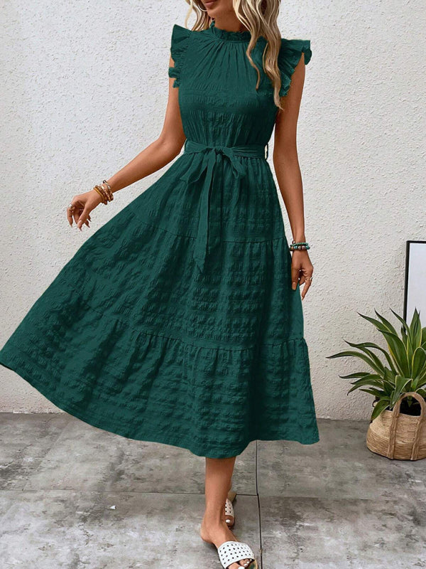 New Ruffles Flying-Sleeve Lace-Up Textured Dress