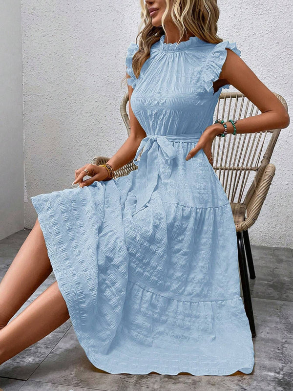 New Ruffles Flying-Sleeve Lace-Up Textured Dress
