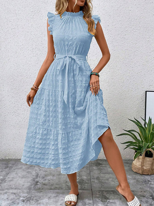 New Ruffles Flying-Sleeve Lace-Up Textured Dress