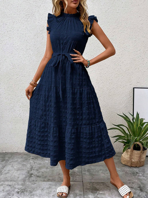 New Ruffles Flying-Sleeve Lace-Up Textured Dress