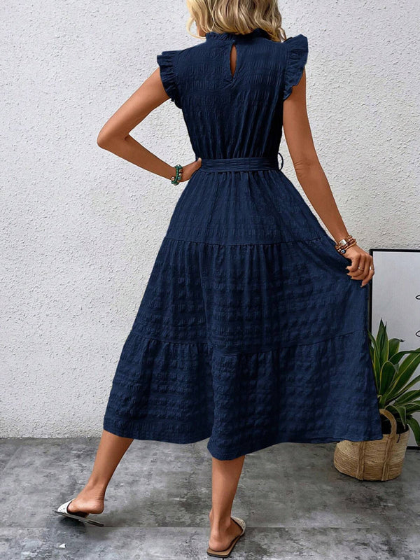 New Ruffles Flying-Sleeve Lace-Up Textured Dress