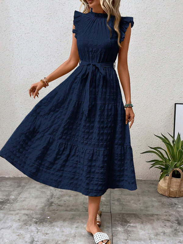 New Ruffles Flying-Sleeve Lace-Up Textured Dress