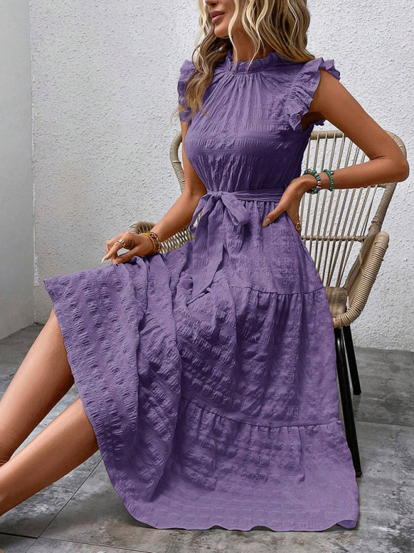 New Ruffles Flying-Sleeve Lace-Up Textured Dress