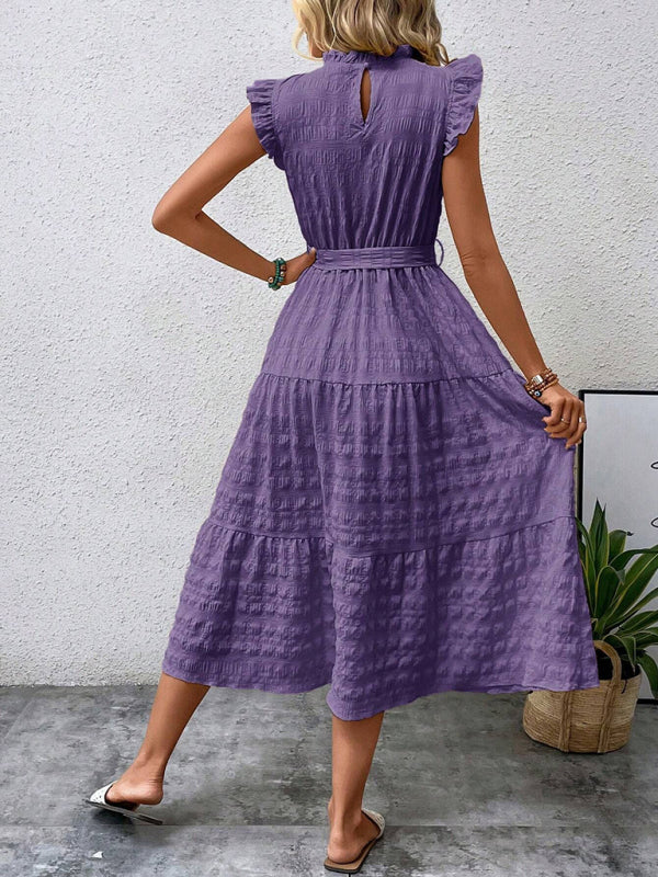 New Ruffles Flying-Sleeve Lace-Up Textured Dress