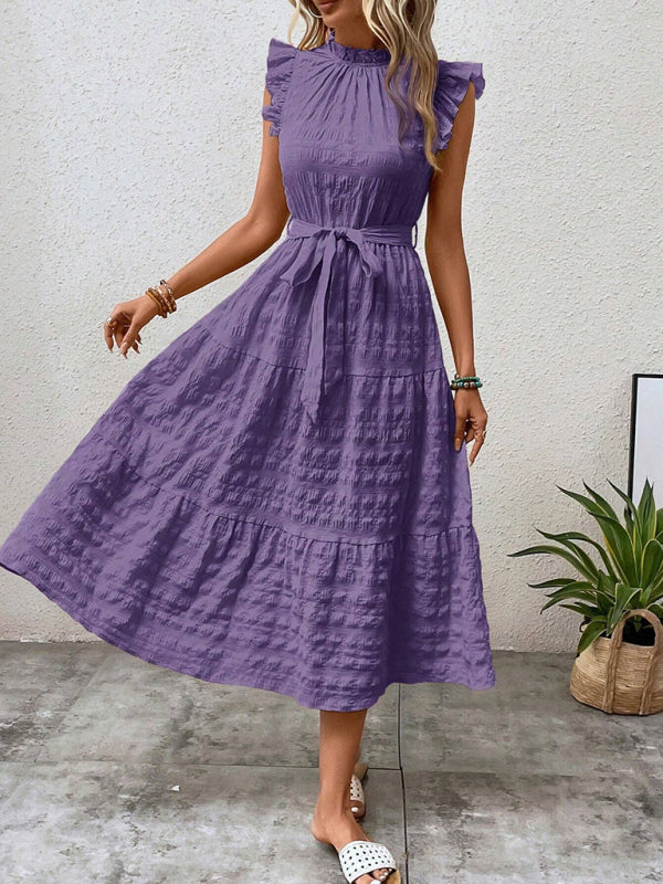 New Ruffles Flying-Sleeve Lace-Up Textured Dress