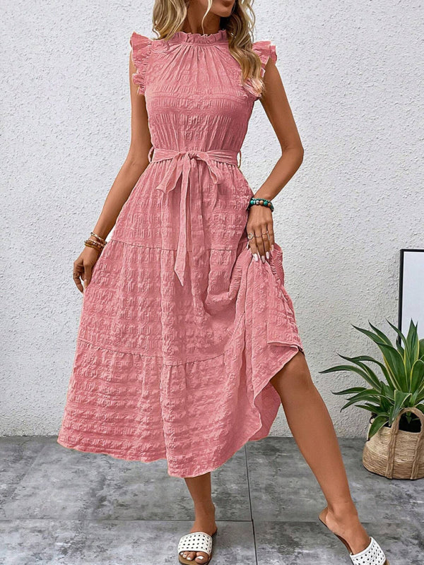 New Ruffles Flying-Sleeve Lace-Up Textured Dress