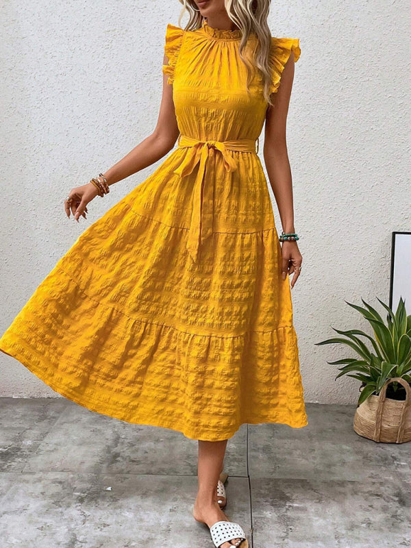 New Ruffles Flying-Sleeve Lace-Up Textured Dress