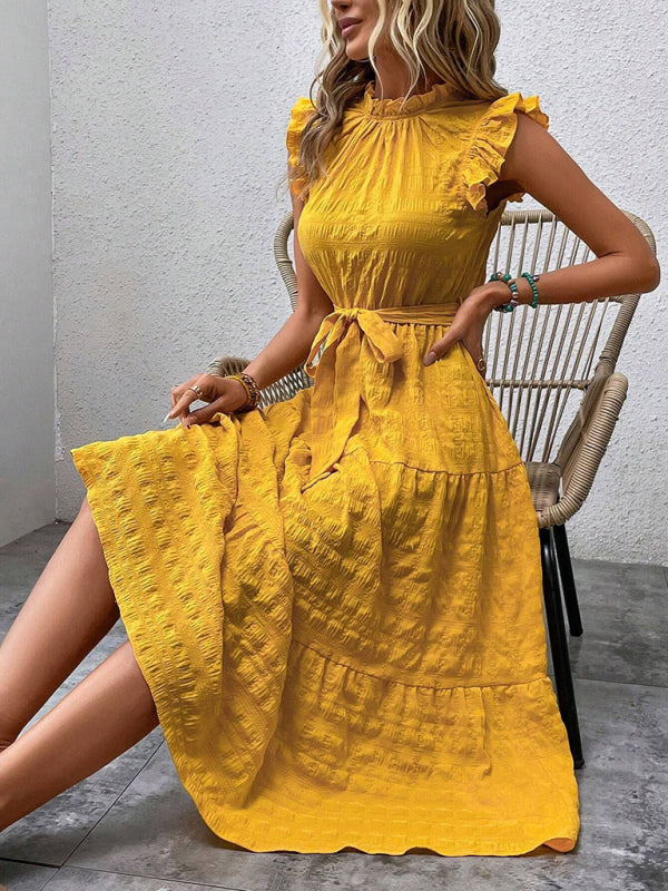 New Ruffles Flying-Sleeve Lace-Up Textured Dress