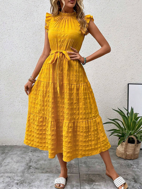 New Ruffles Flying-Sleeve Lace-Up Textured Dress