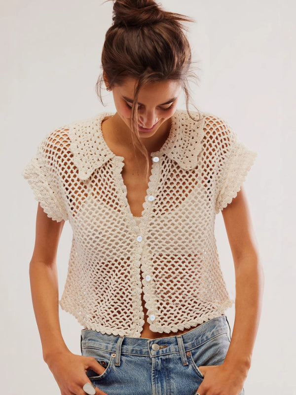 New style cardigan short sleeve loose lapel fashionable solid color hollow women's knitted sweater