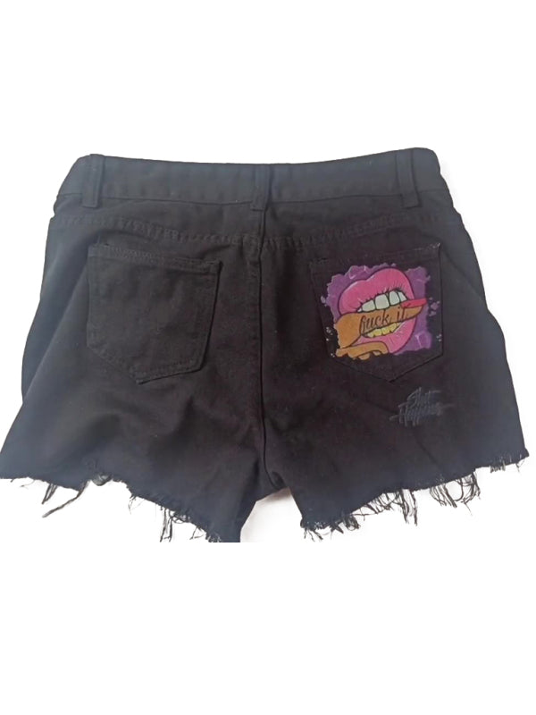 Printed Ripped Denim Shorts