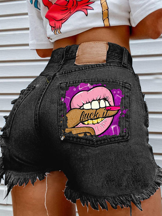 Printed Ripped Denim Shorts