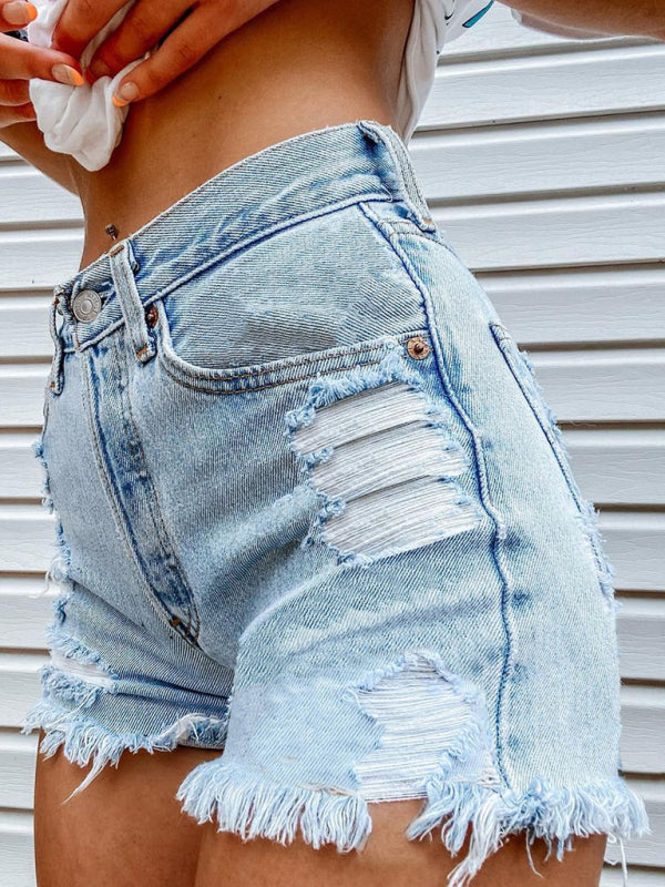 Printed Ripped Denim Shorts