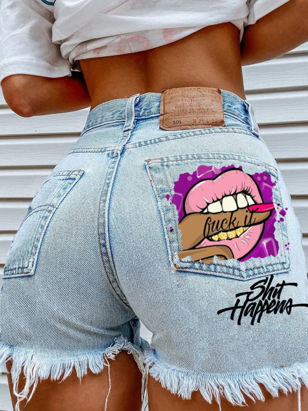 Printed Ripped Denim Shorts