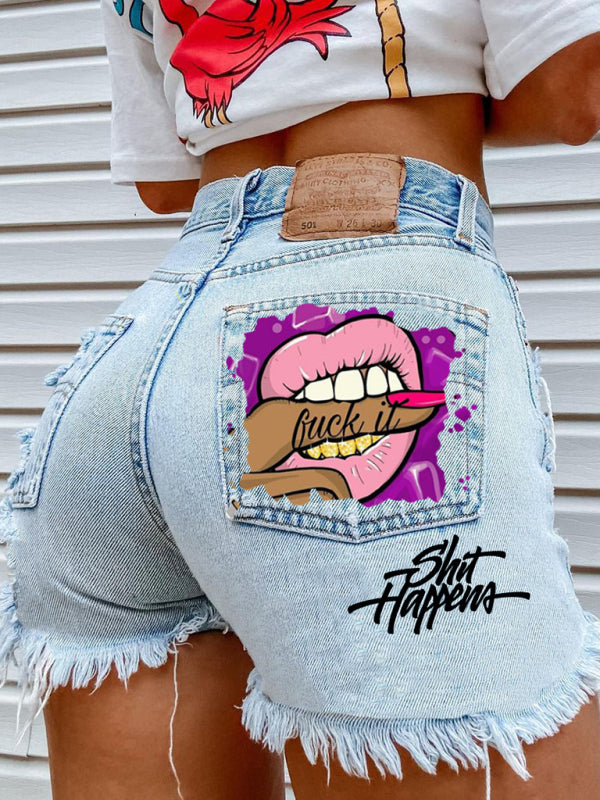 Printed Ripped Denim Shorts