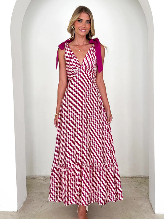 Lace-up women's long dress V-neck sleeveless printed dress