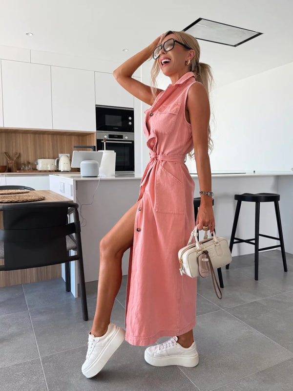 New Sleeveless Single-Breasted Denim Dress