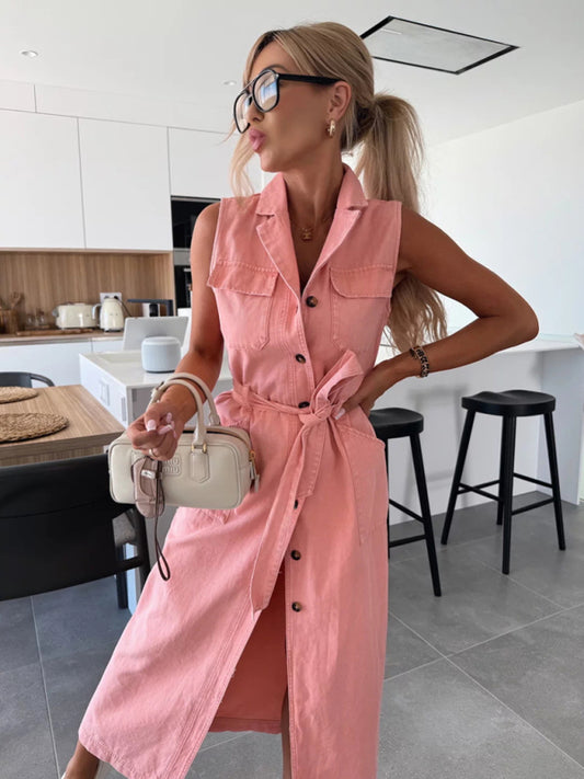 New Sleeveless Single-Breasted Denim Dress