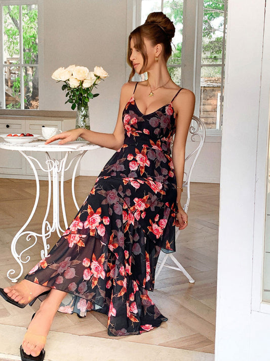 Elegant style sling black bottom pink flower melaleuca dress