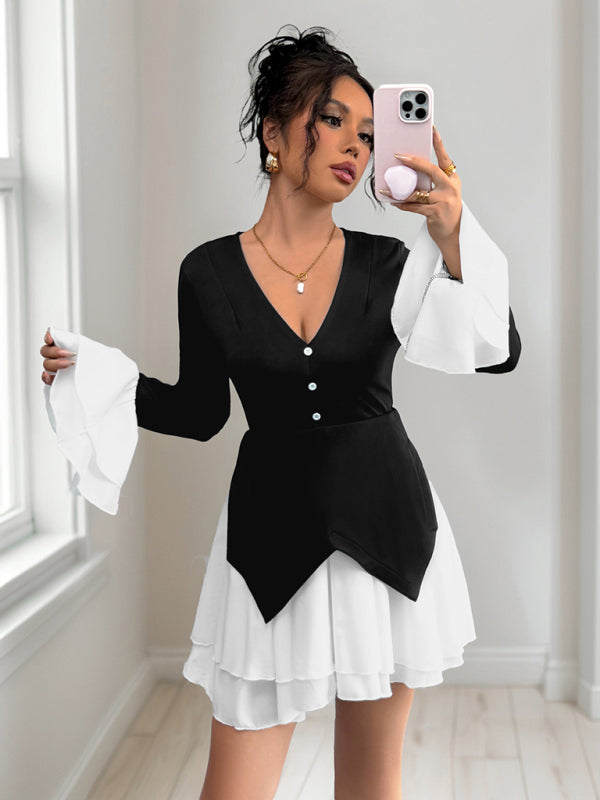 Long-sleeved contrast skirt with ruffled autumn dress
