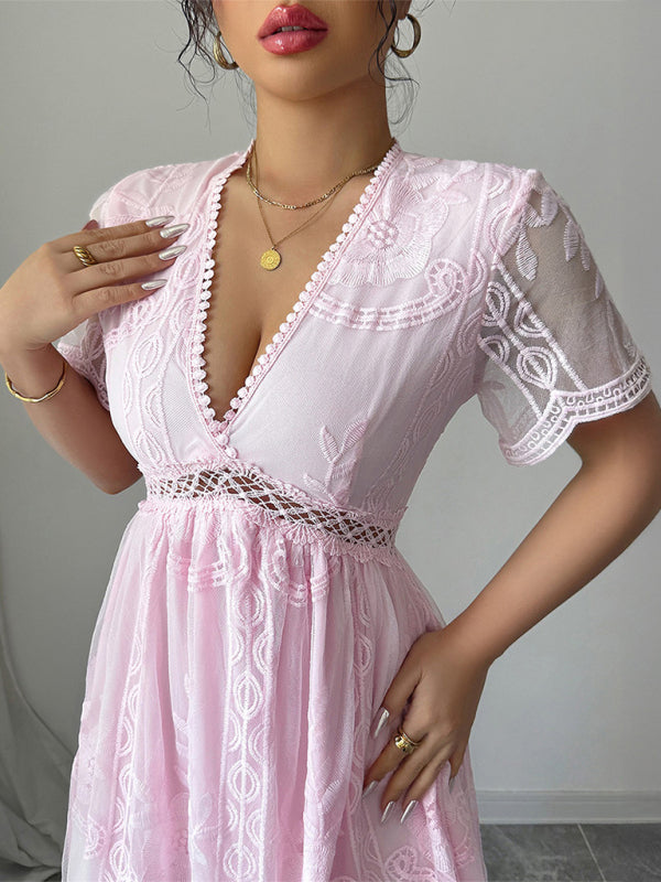 Pink Lace Hollow Short Sleeve Dress