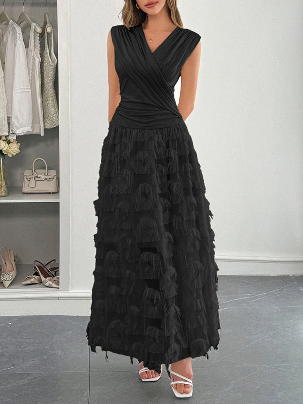 Elegant deep V paneled long dress