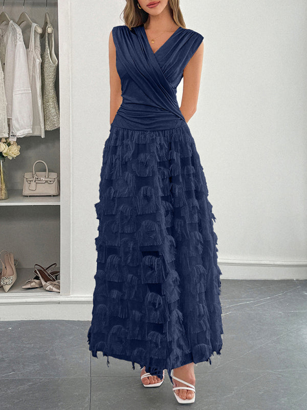 Elegant deep V paneled long dress