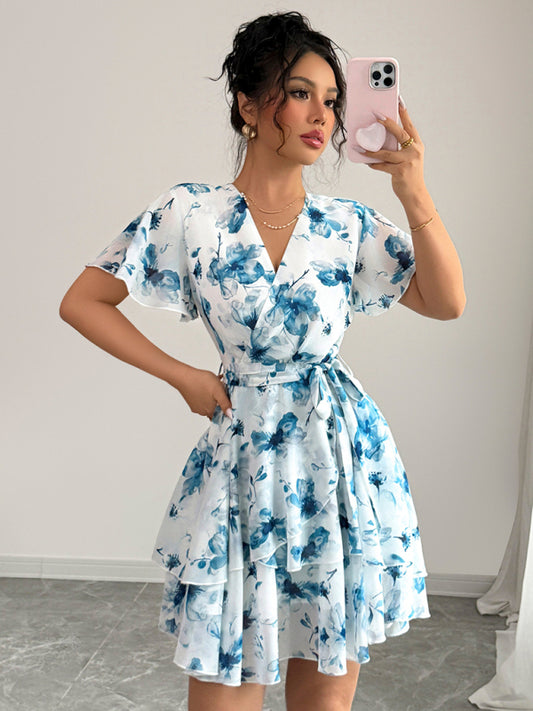 Printed deep V mini dress