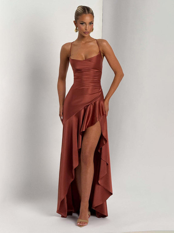 Ruffled Irregular-Hem Halter Dress