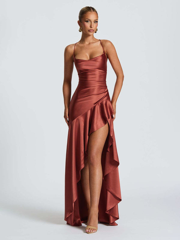 Ruffled Irregular-Hem Halter Dress