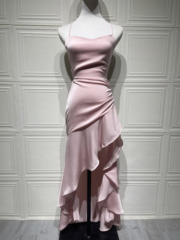 Ruffled Irregular-Hem Halter Dress