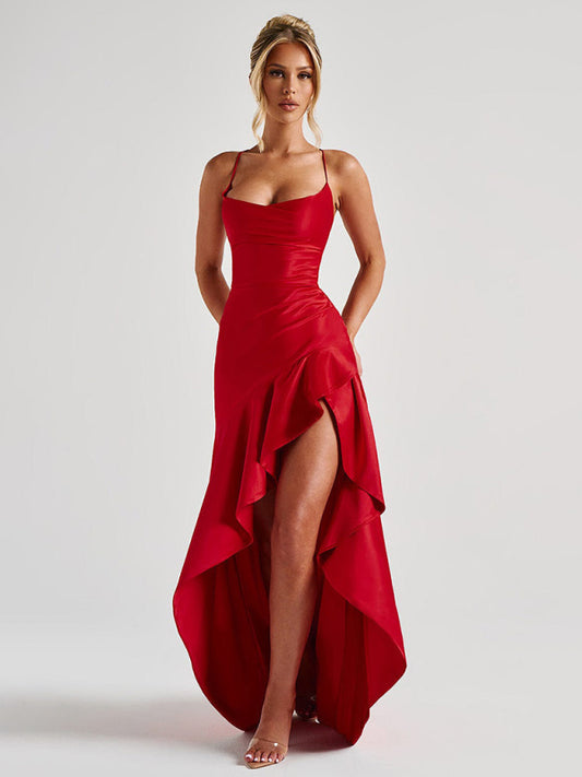 Ruffled Irregular-Hem Halter Dress