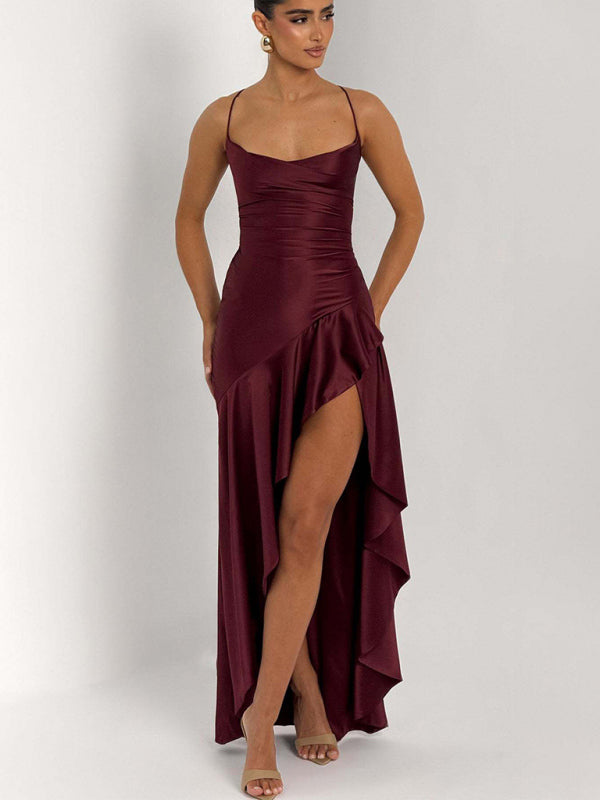 Ruffled Irregular-Hem Halter Dress