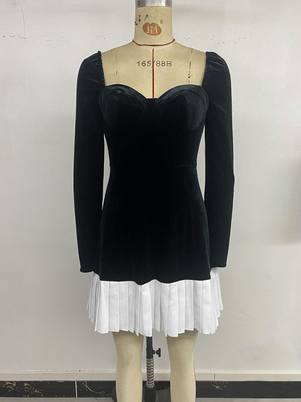 Black and white contrast sweetheart neckline velvet dress