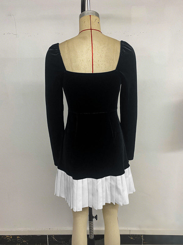 Black and white contrast sweetheart neckline velvet dress