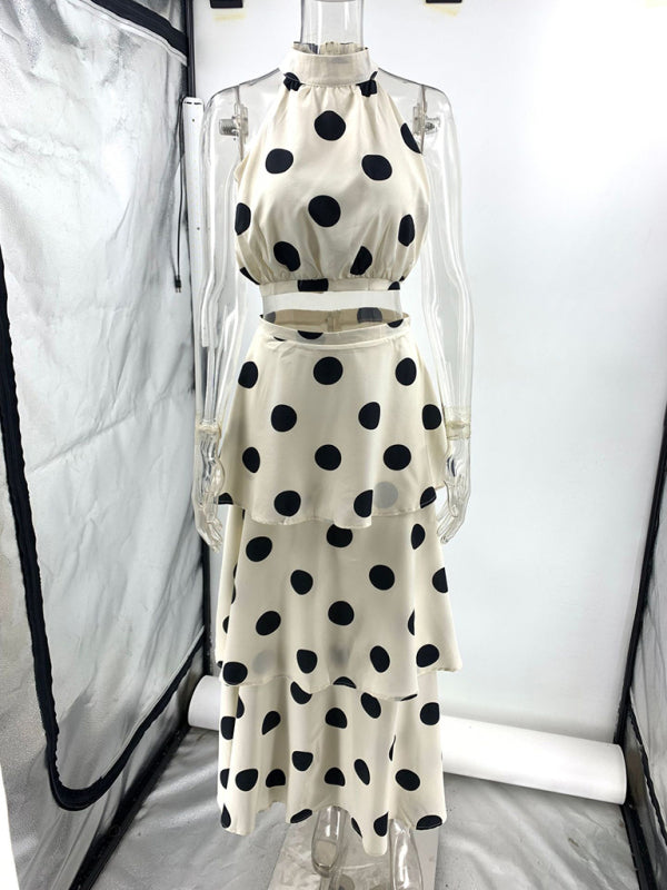 New Polka Dot Print Halter Neck Sleeveless Top Cake Skirt Set