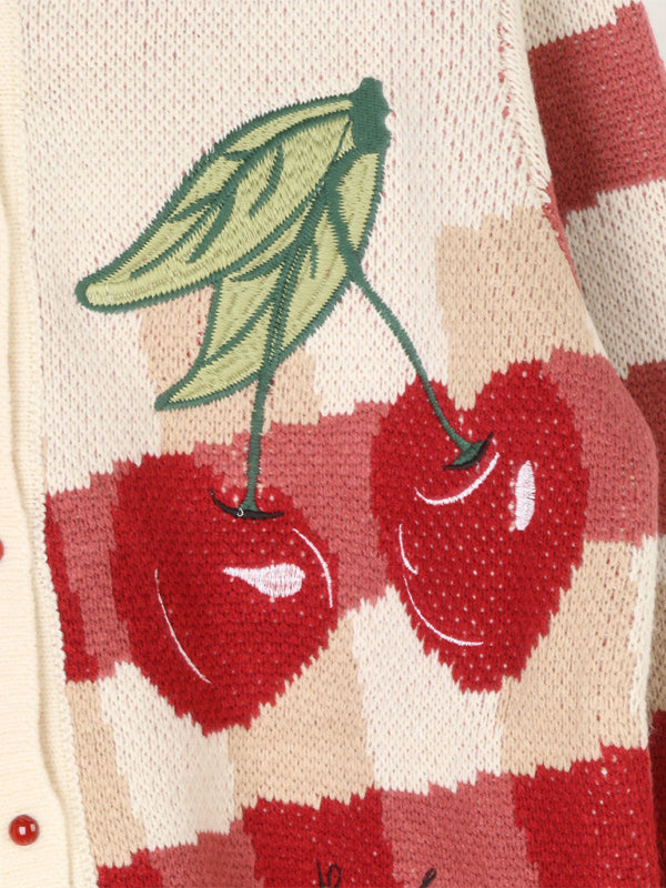 Long-sleeved knitted cardigan with turn-down collar, single-breasted, women's embroidered cherry short knitted coat