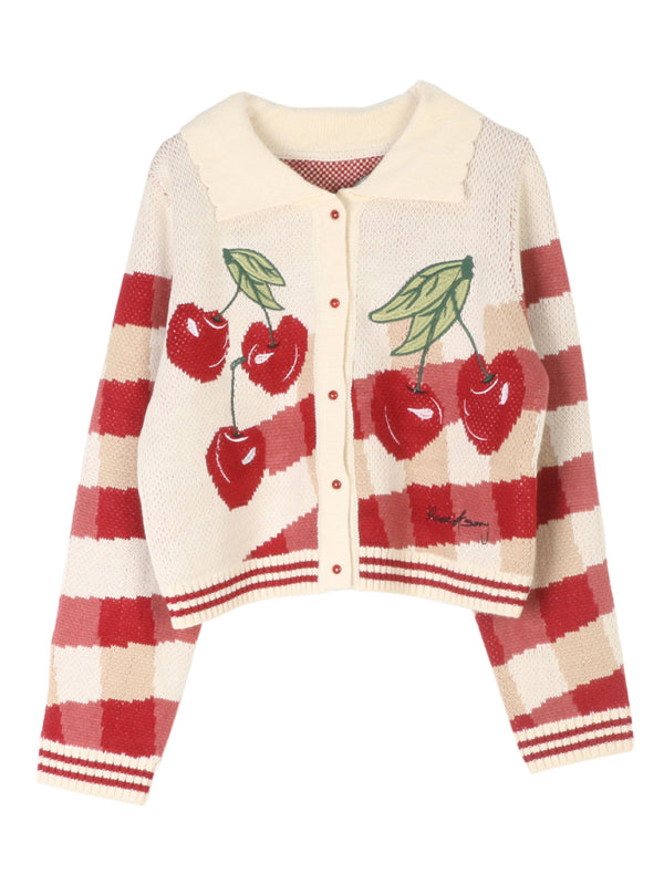 Long-sleeved knitted cardigan with turn-down collar, single-breasted, women's embroidered cherry short knitted coat