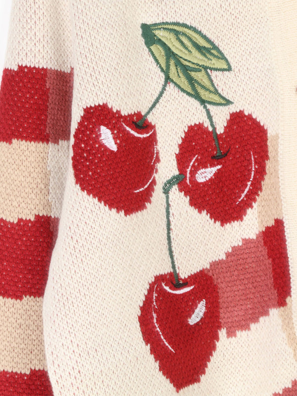 Long-sleeved knitted cardigan with turn-down collar, single-breasted, women's embroidered cherry short knitted coat