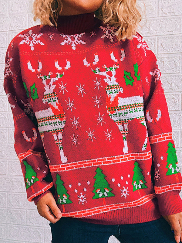 Women's Christmas Themed Elk Snowflake Christmas Tree Knit Sweater Sweater
