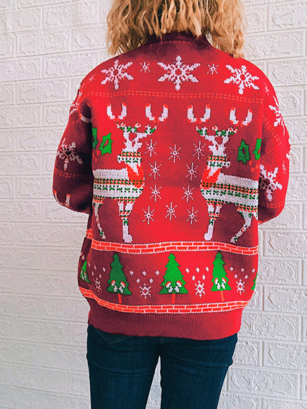 Women's Christmas Themed Elk Snowflake Christmas Tree Knit Sweater Sweater