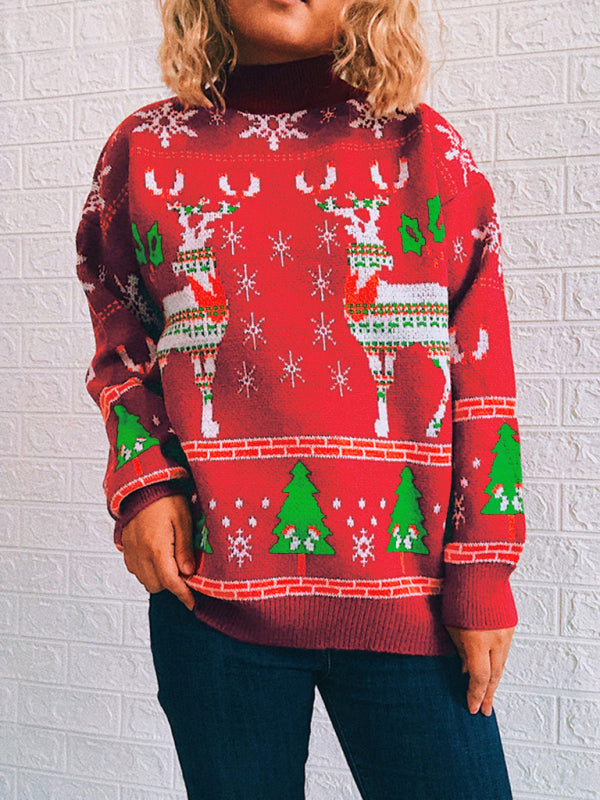 Women's Christmas Themed Elk Snowflake Christmas Tree Knit Sweater Sweater