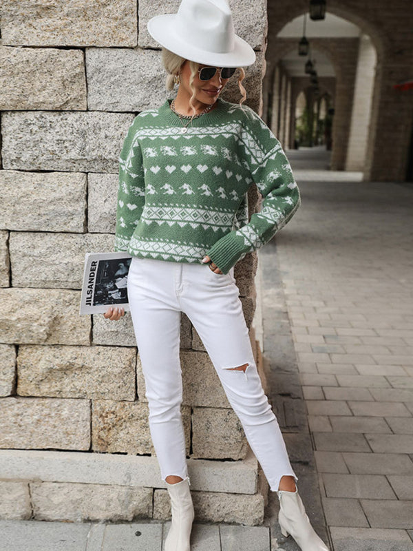 Women's Pullover Knit Contrast Jacquard Christmas Sweater