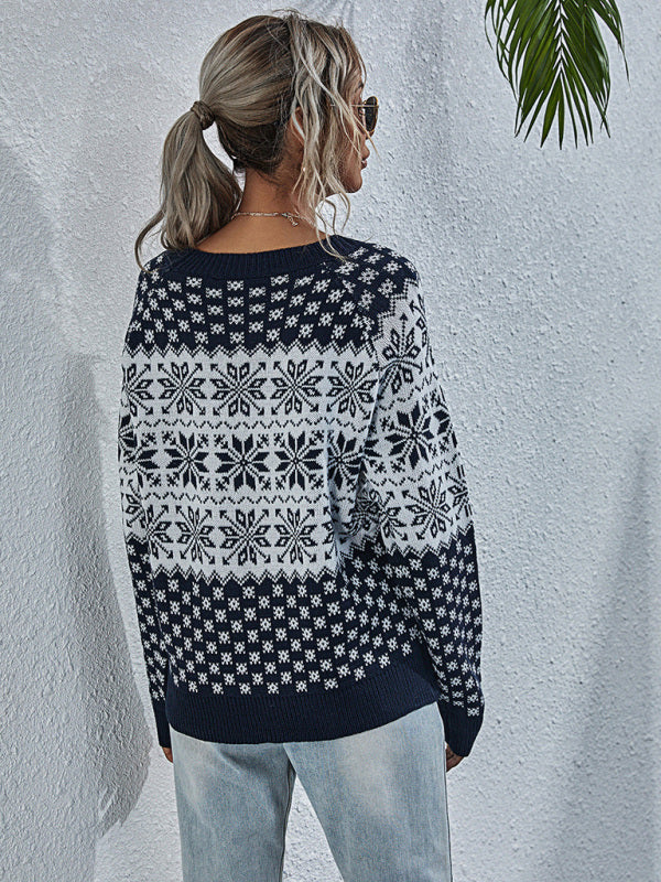 Women's Snowflake Knit Loose Long Sleeve Pullover Crew Neck Christmas Sweater