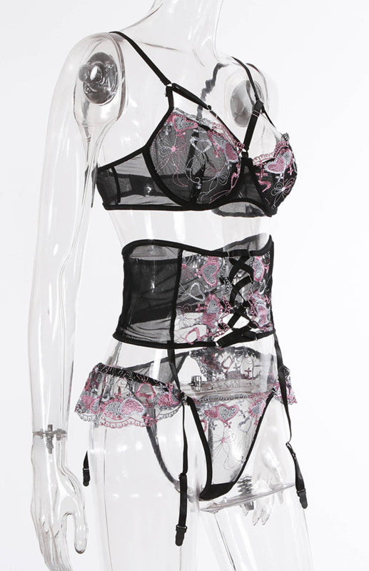 Lace-Up Heart Embroidery Lingerie Set