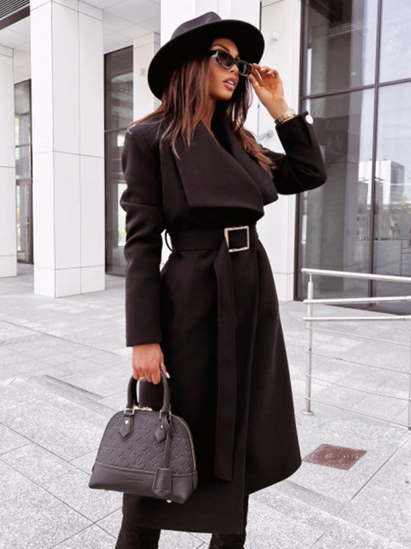 Women's Long-Sleeve Butto V-Neck Strappy Woollen Coat