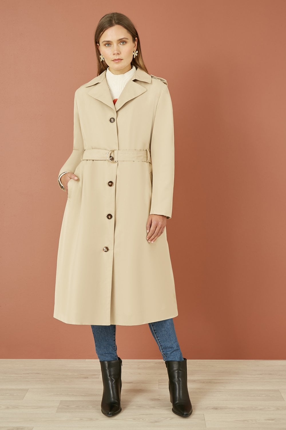 Beige Belted Long Trench Coat With Belt