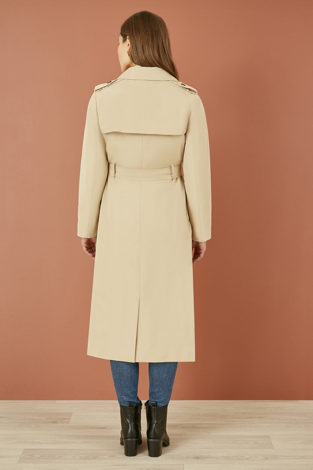 Beige Belted Long Trench Coat With Belt