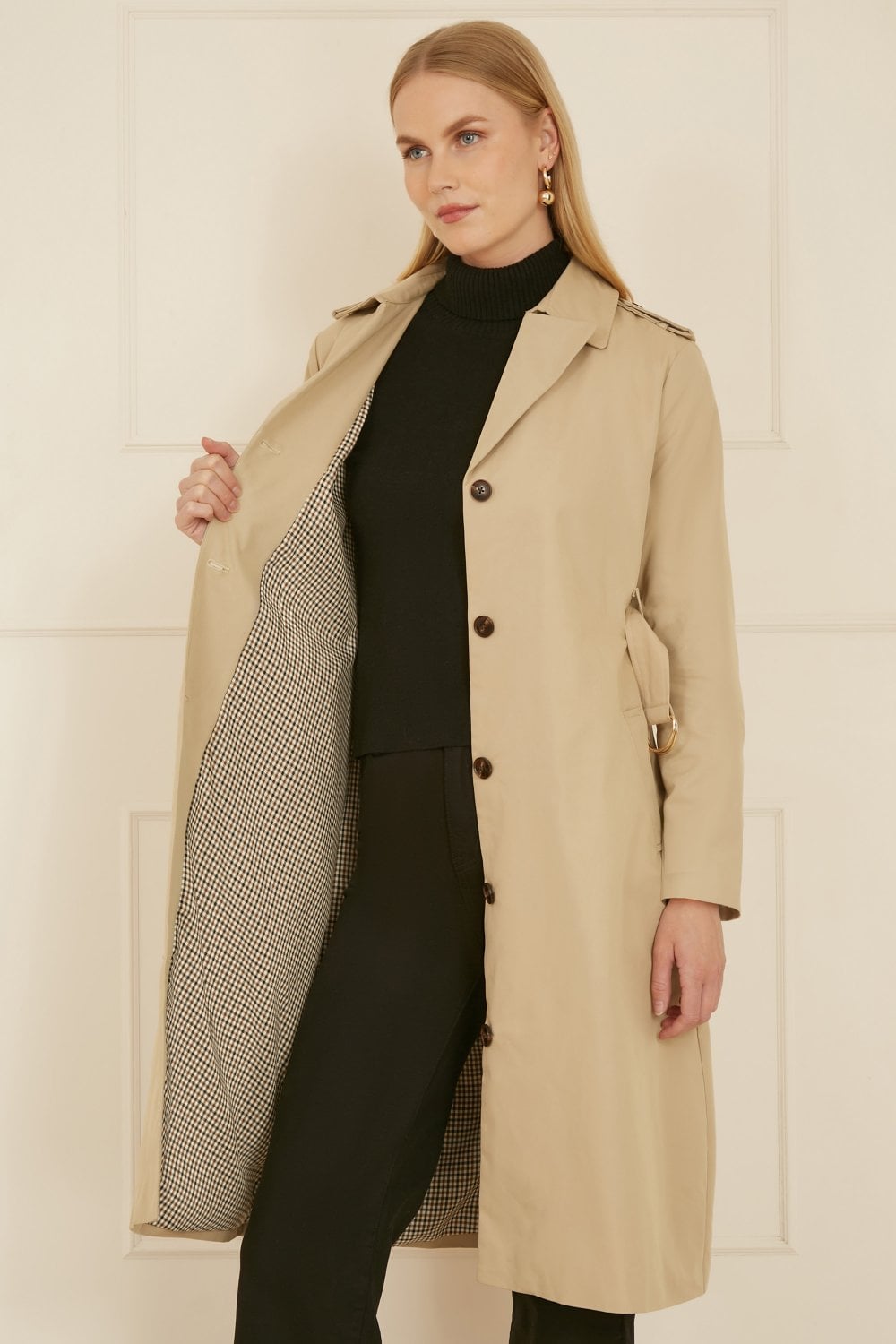 Beige Belted Long Trench Coat With Belt